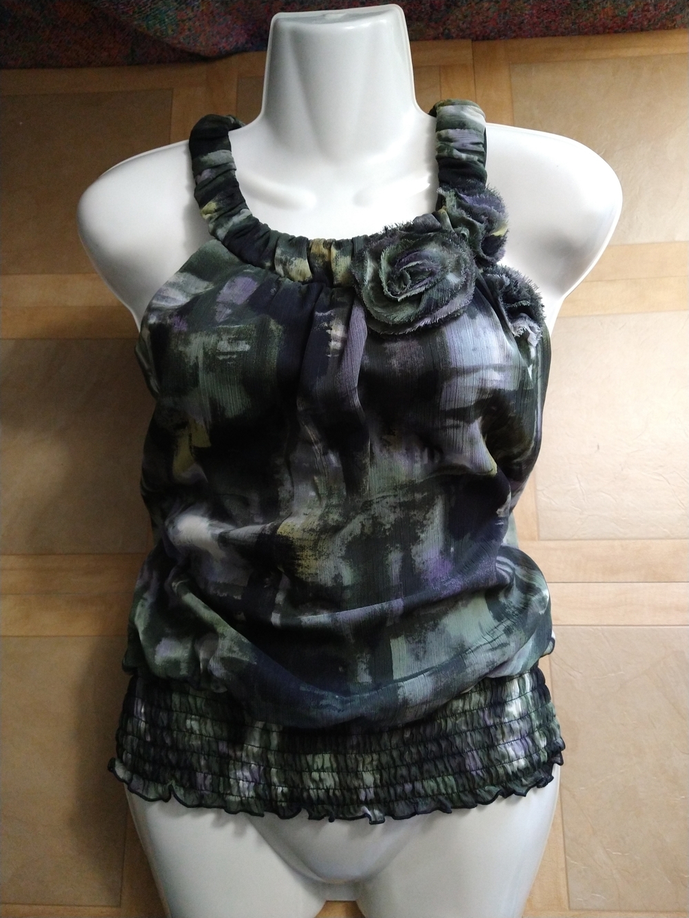 Iz Byer Green Purple & Black Watercolor Halter Sleeveless Top Small Women's